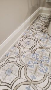 Baldwinsville New York Bathroom remodel pattern floor tile, laticrete in floor heat system, aging in place curb less shower